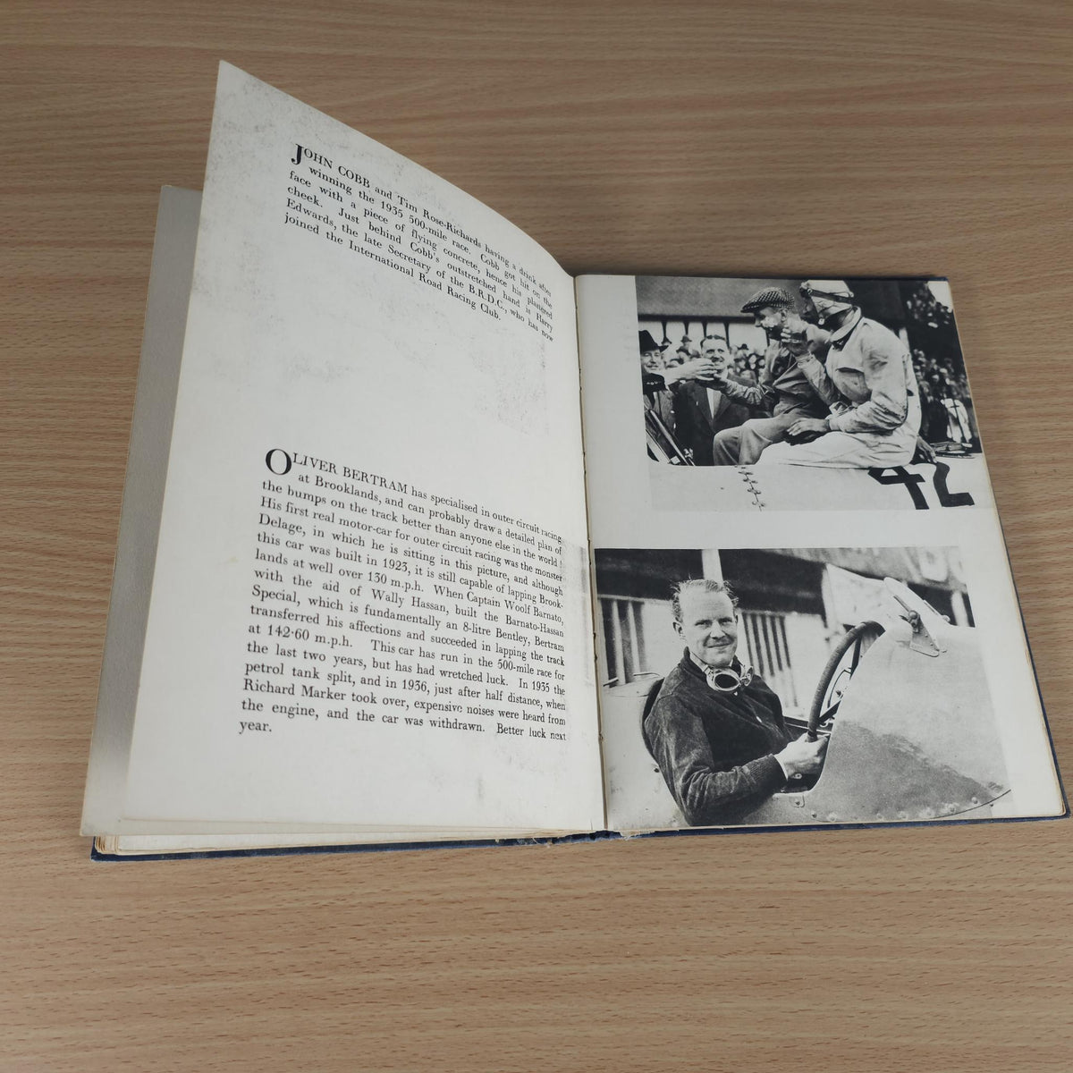 Vintage racing book, open spread with printed text and black-and-white portrait photos