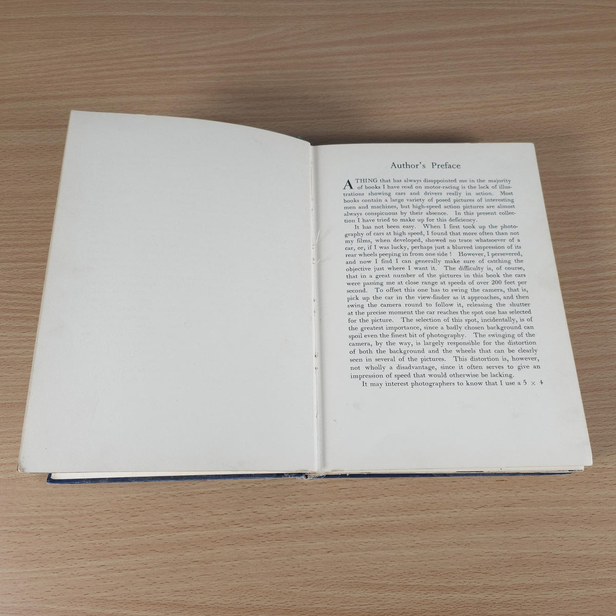 Vintage racing book open to Author's Preface, printed text on cream pages