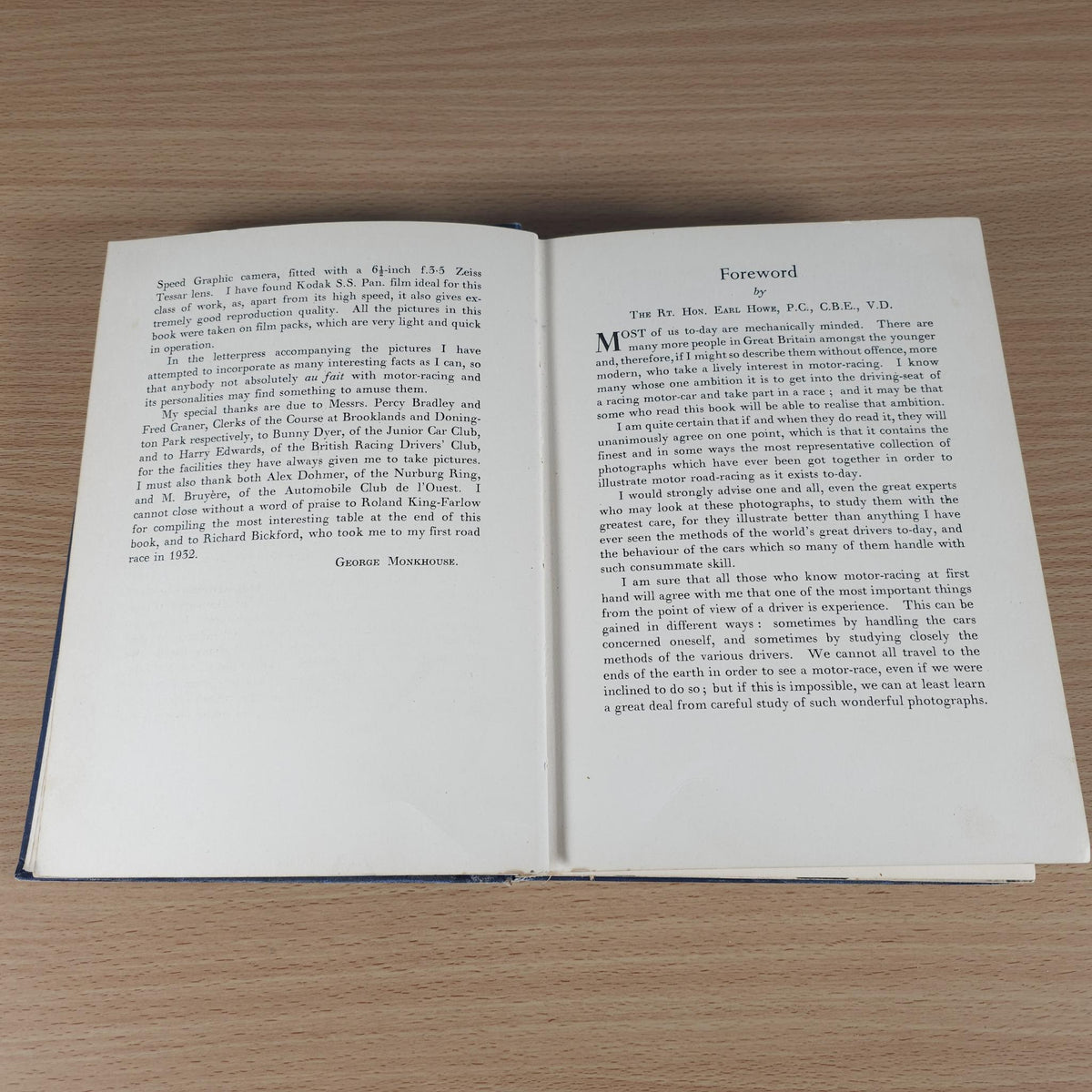 Vintage racing book open to Foreword, two pages of printed text