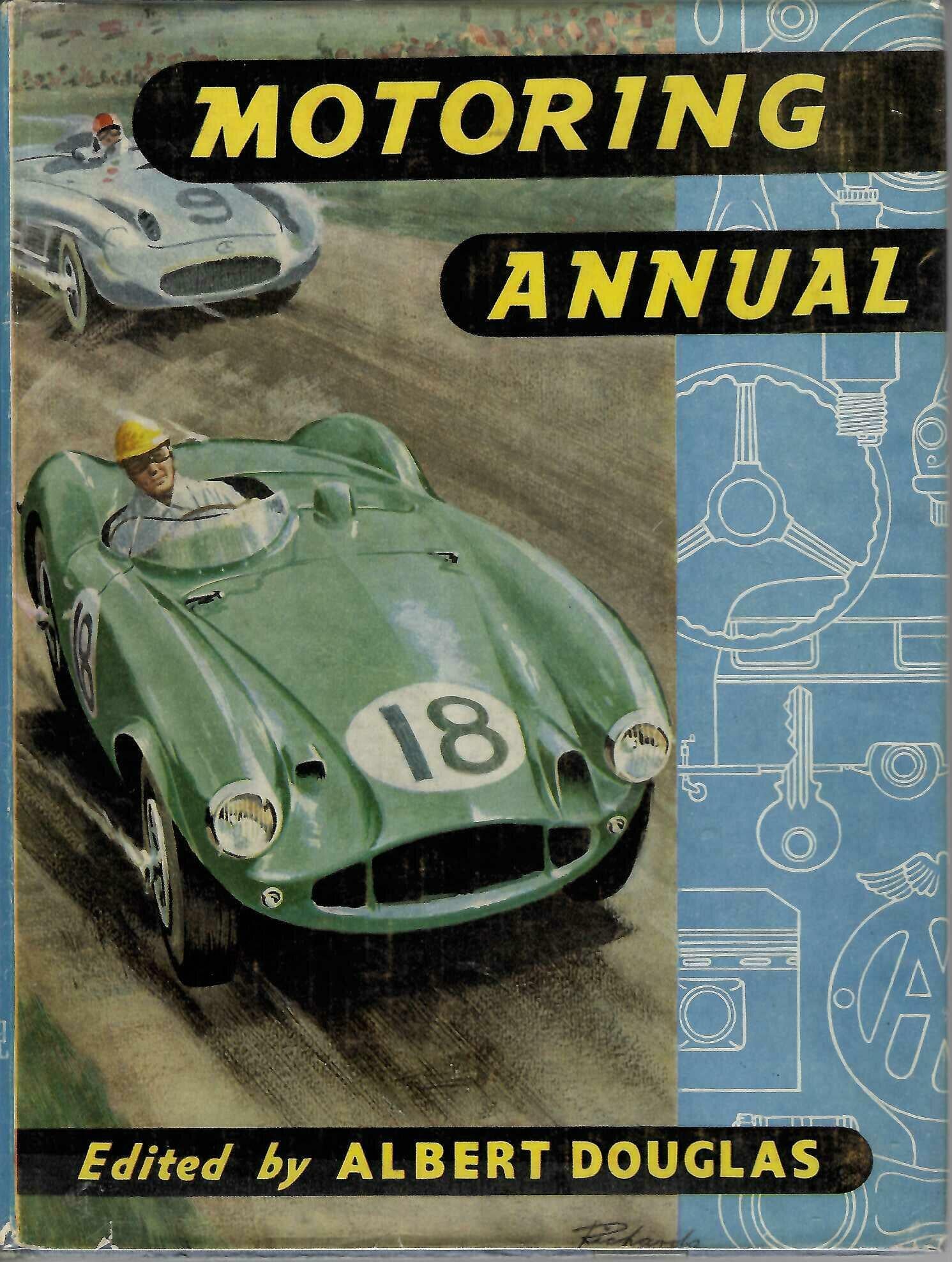 Motoring Annual vintage-style book cover with race cars, title, and editor text