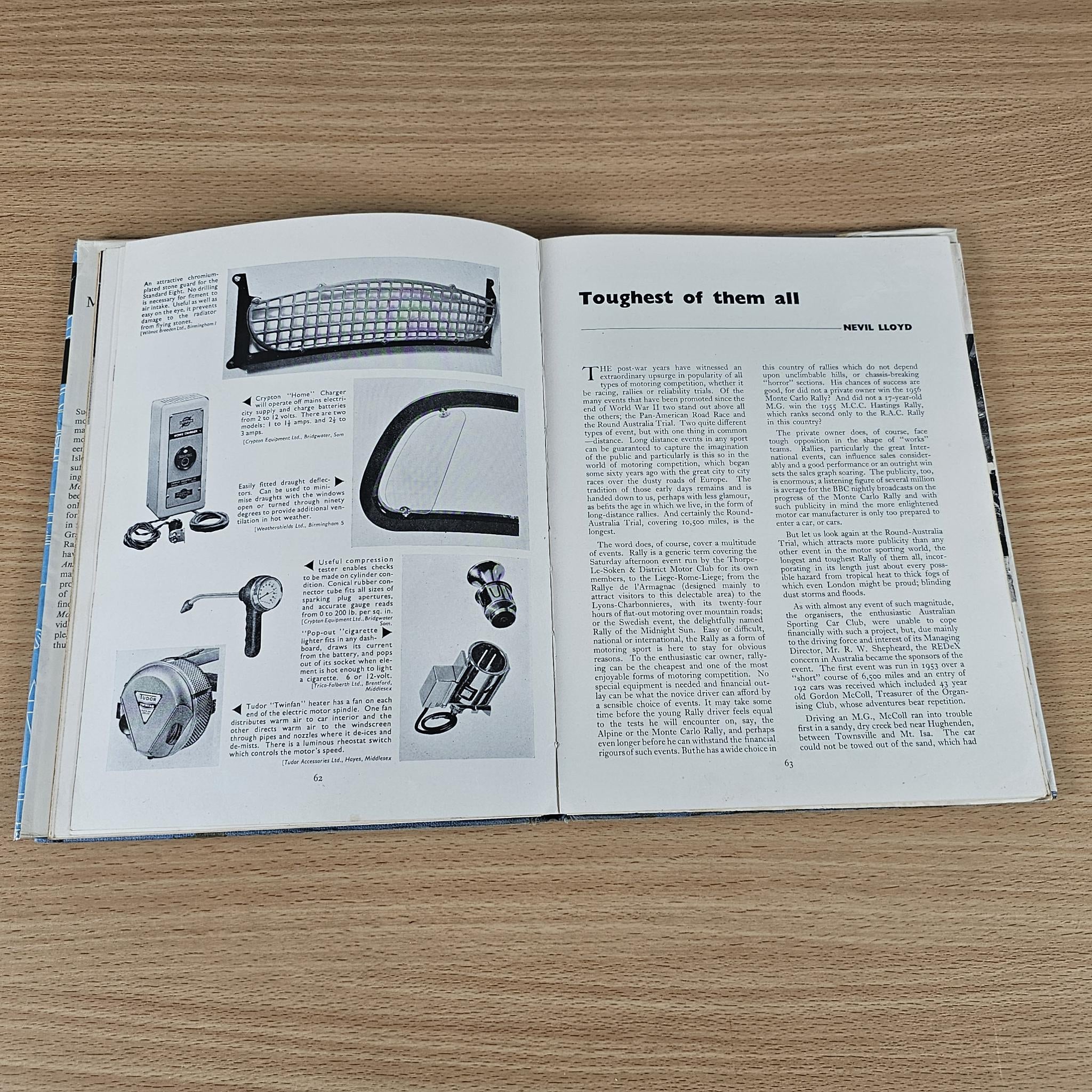 Open book with technical diagrams and photos on left page, text on right page