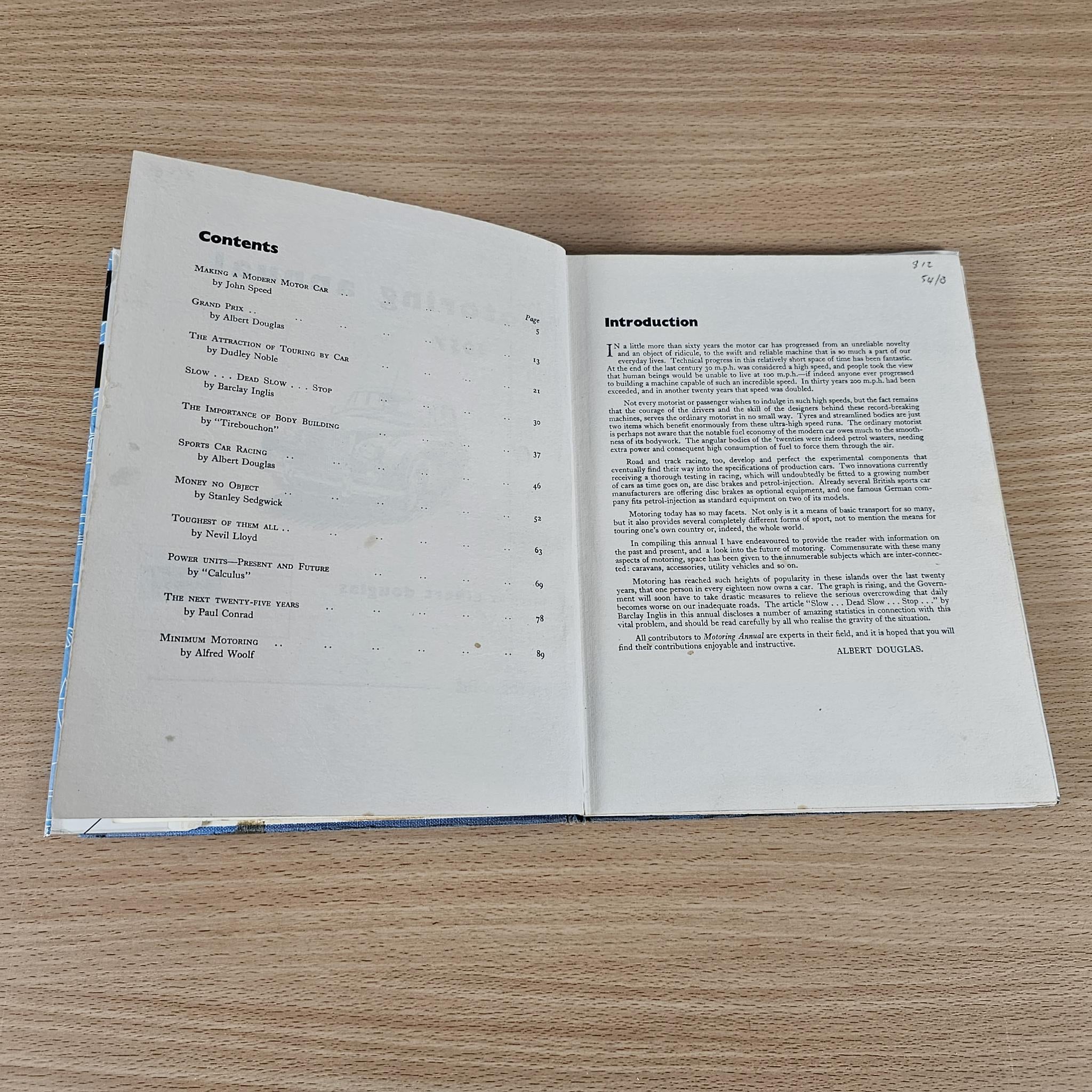 Motoring Annual open book with contents on left and introduction on right
