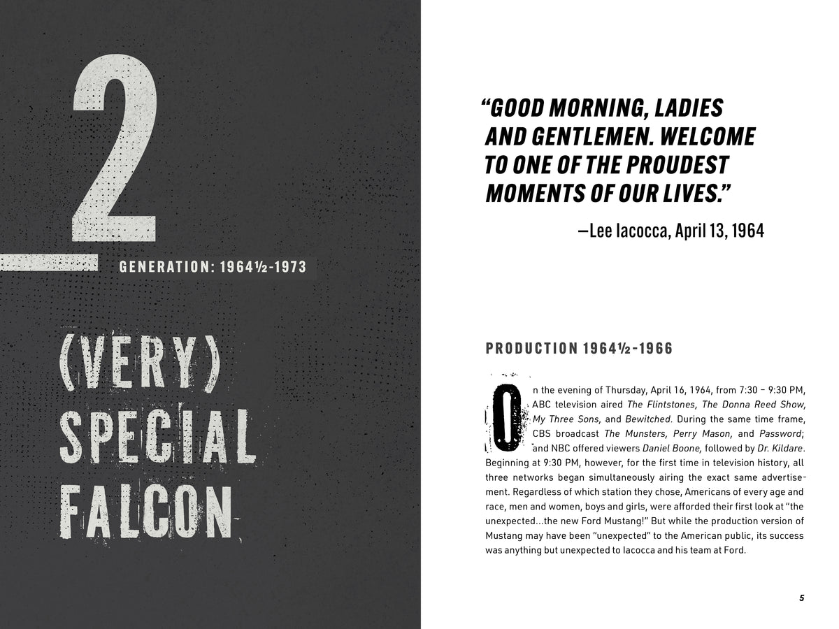 Hardcover auto history book page two with 'Very Special Falcon' label and quote