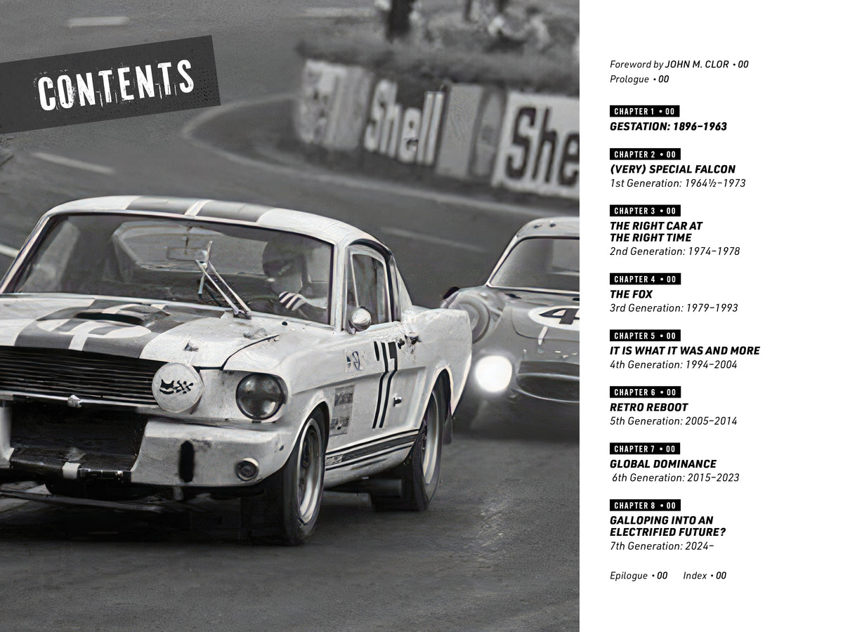 Hardcover auto history book contents spread with two classic cars and headings