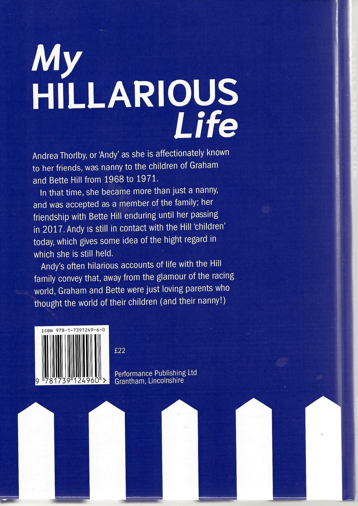 Back cover of blue hardcover book with description text and white tombstone graphics.
