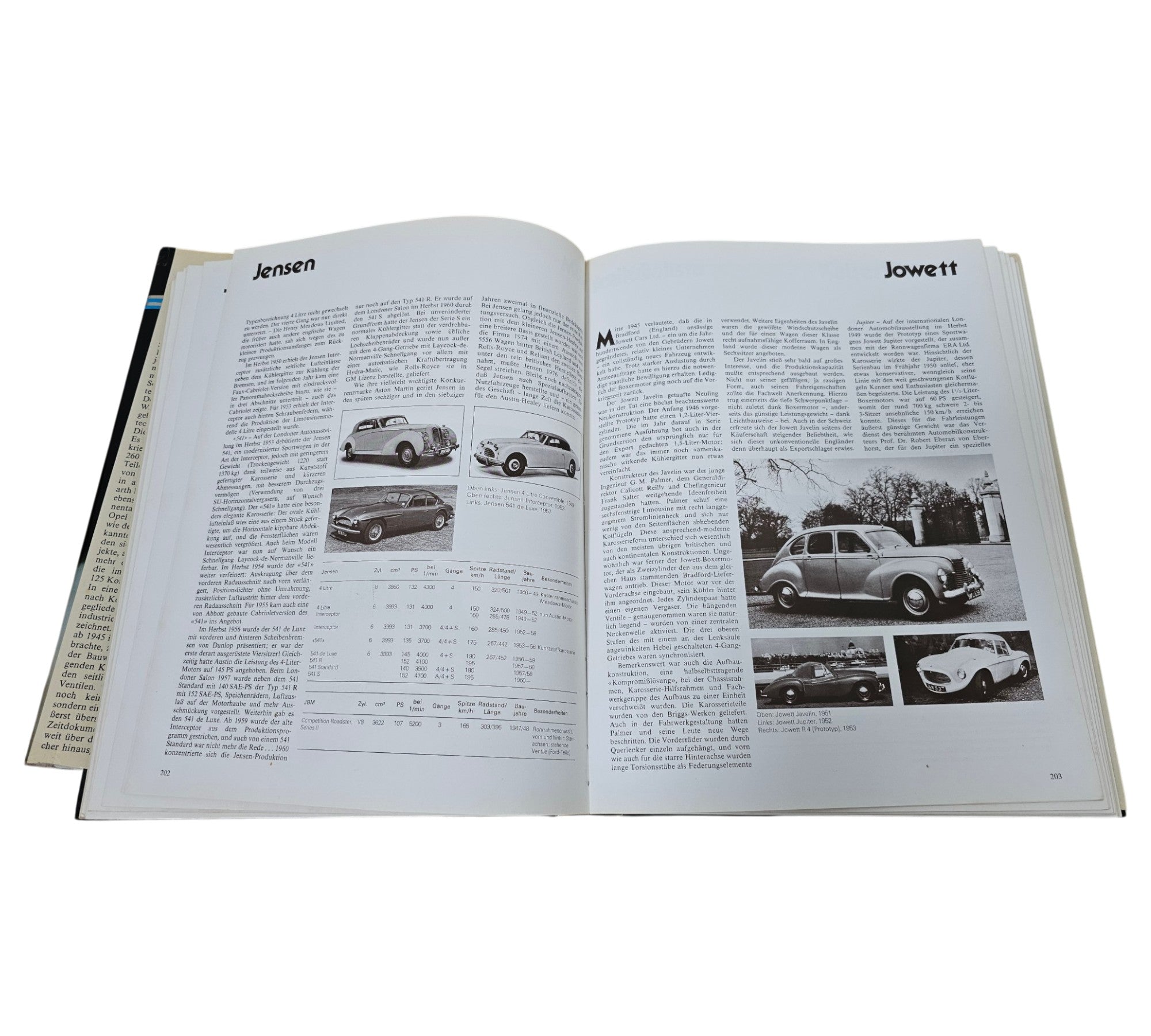 Postwar passenger car book open featuring Jensen and Jowett pages with photos