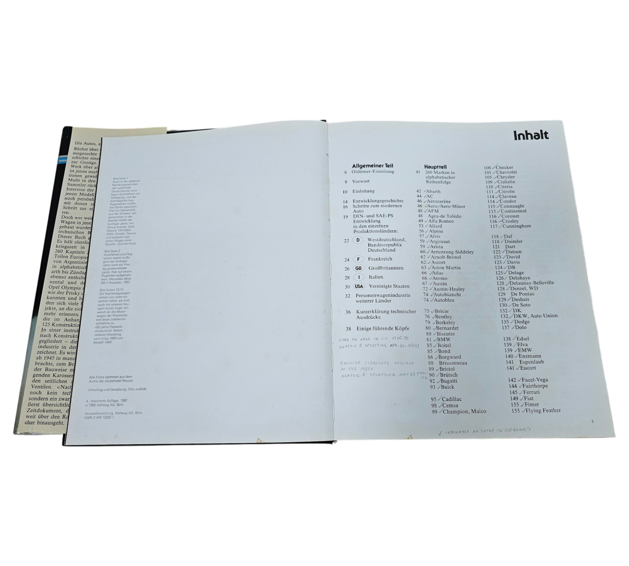 Postwar passenger car book open to contents page with section headings and lists