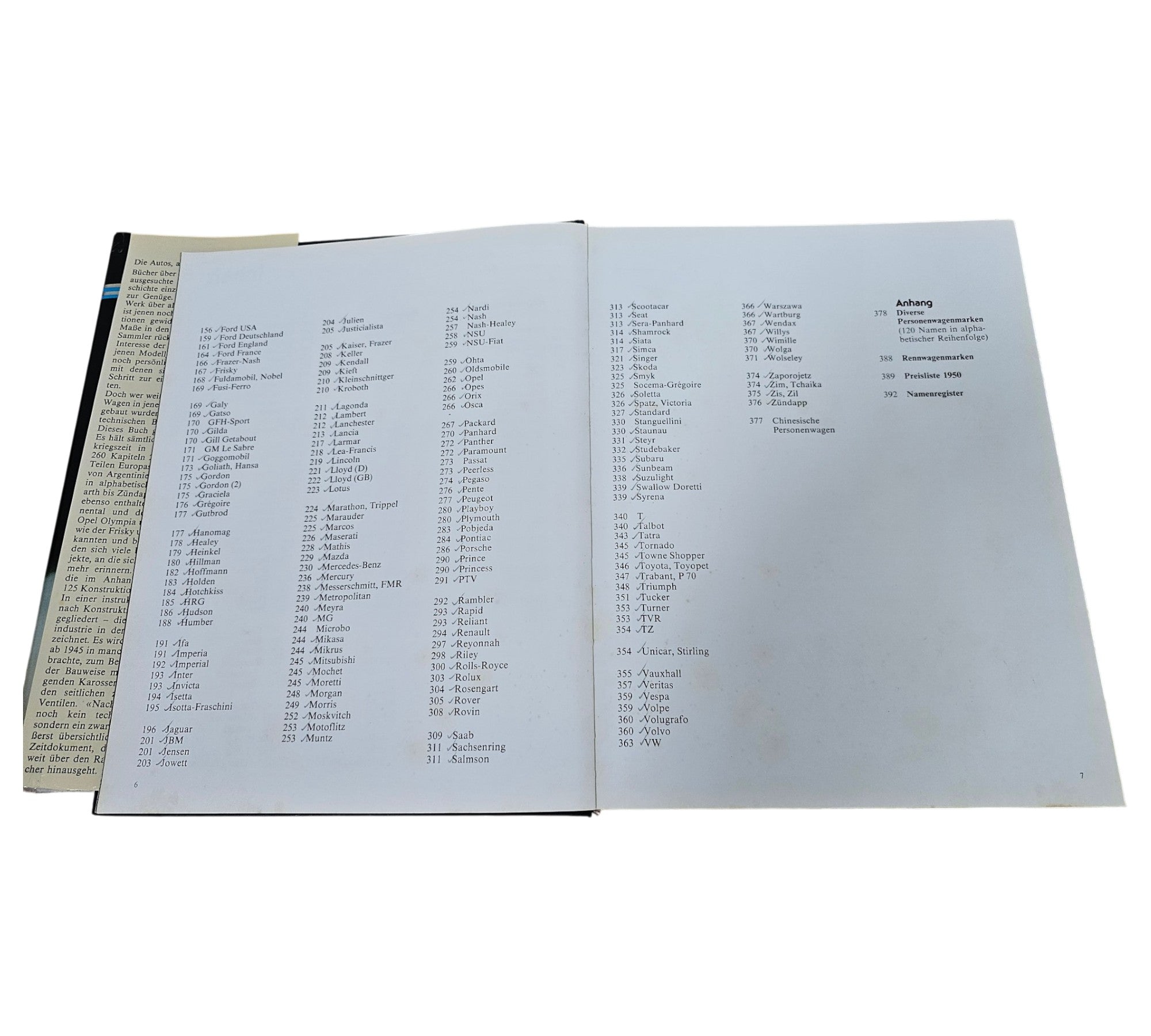 Postwar passenger car book open to index-style pages with model listings