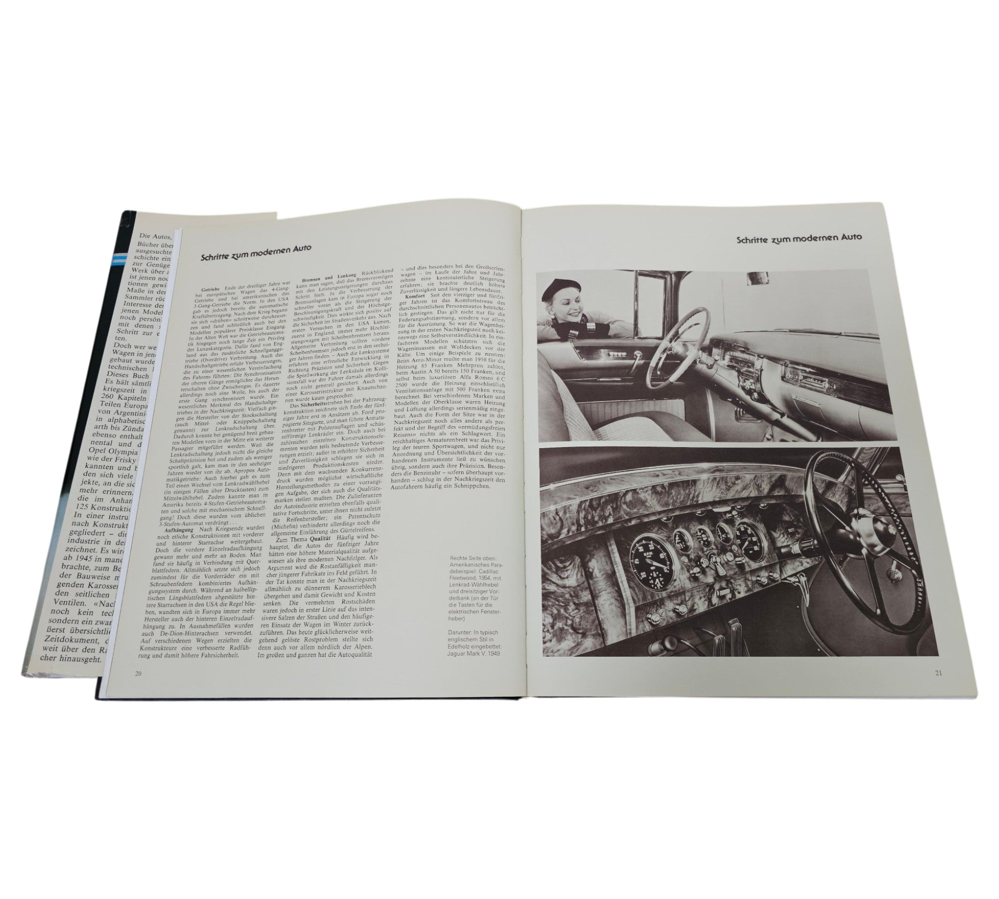 Postwar passenger car book open with large black-and-white dashboard photo