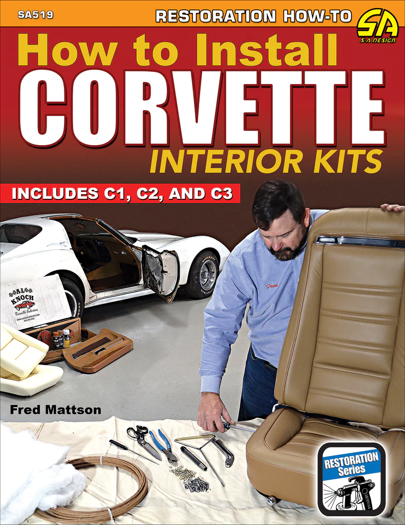 Corvette interior installation guide book cover with seated car interior and tools