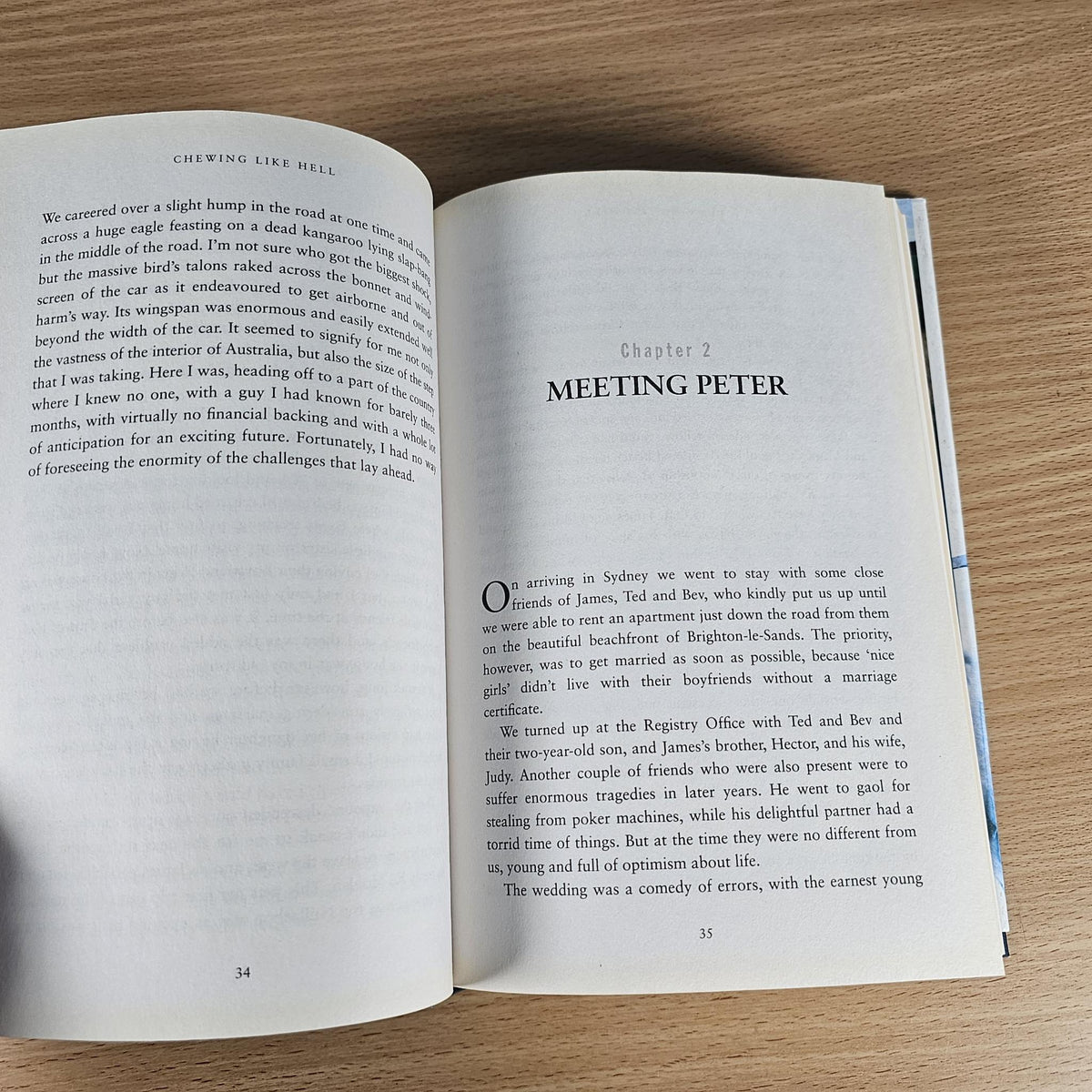 Open book with 'MEETING PETER' chapter heading and paragraph text, pages 34–35