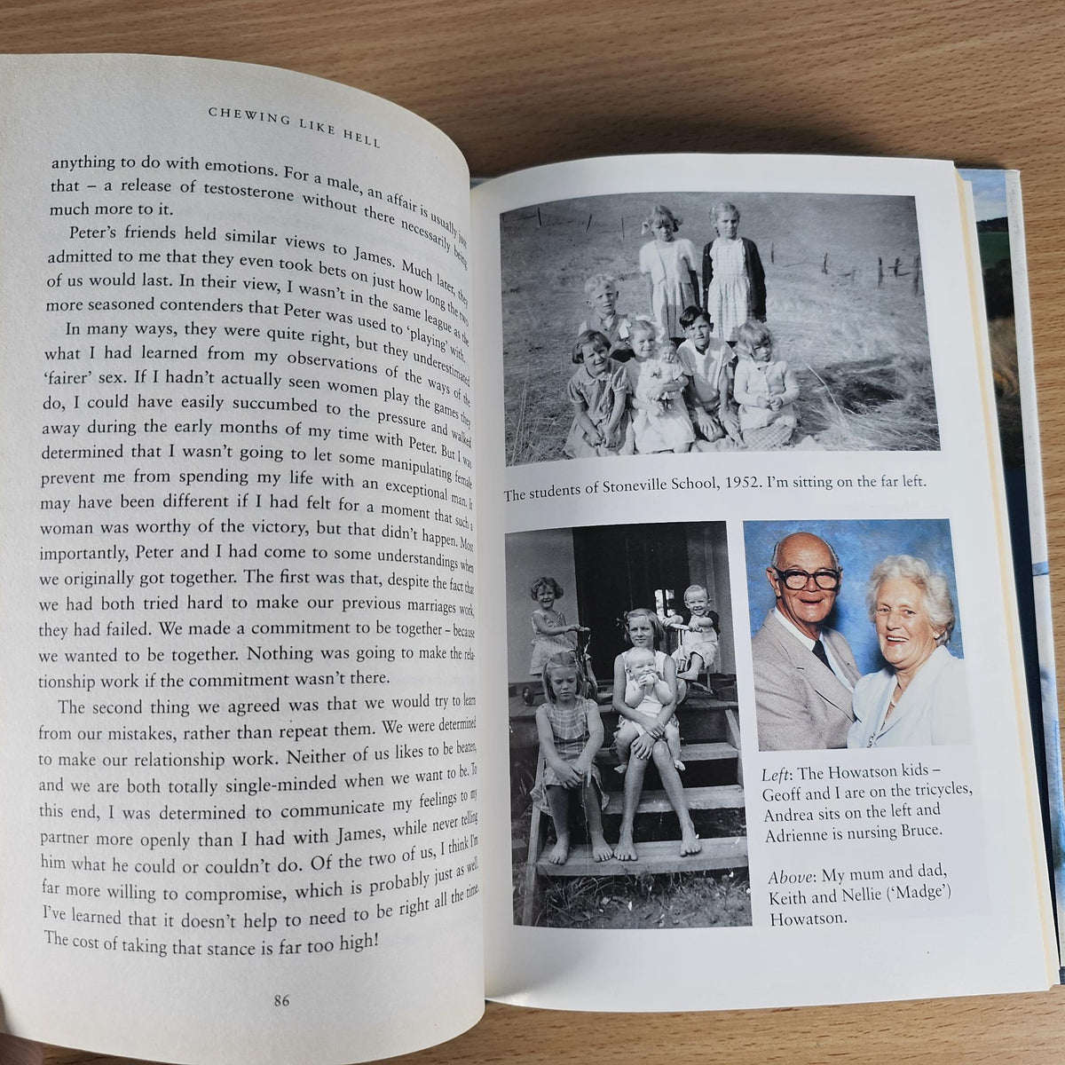 Open book spread with article text and black-and-white family photos