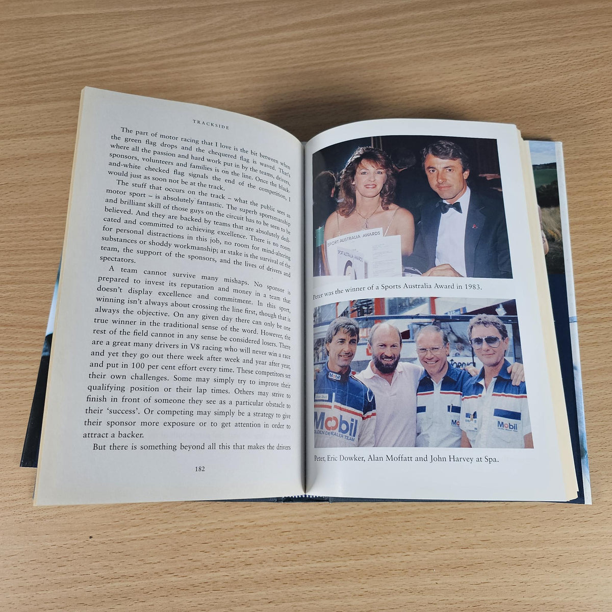 Open book spread with text and color photos of people in formal attire
