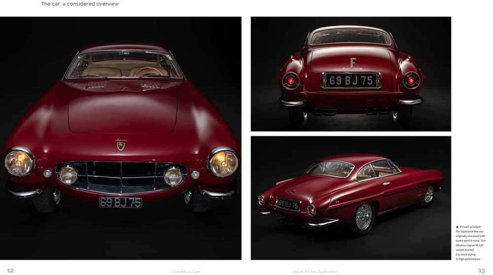 Book page with four views of a red Jaguar XK 120 Supersonic car
