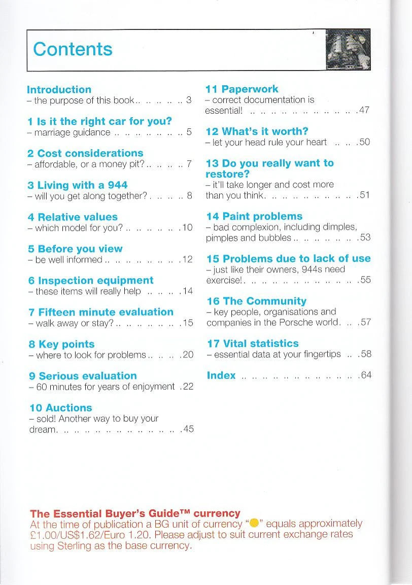 Porsche 944 buyer's guide contents page with numbered chapter list