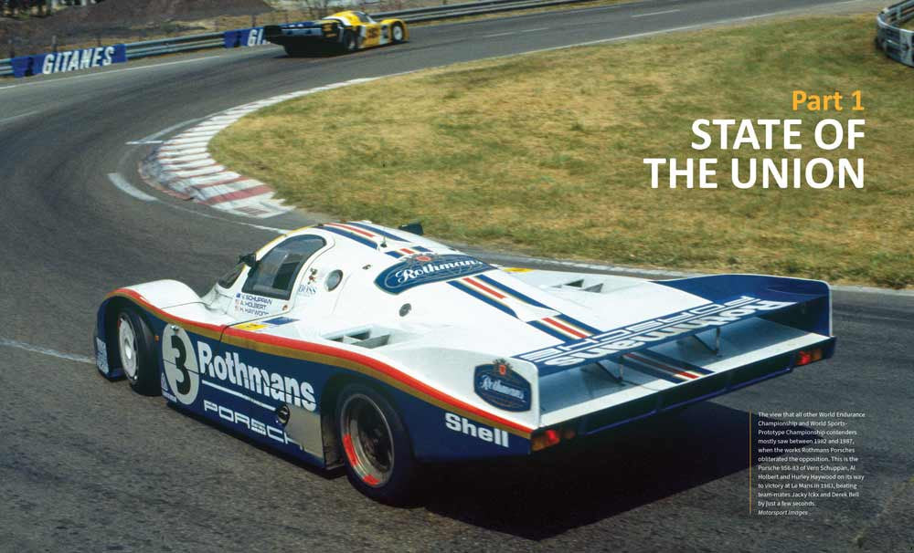 Porsche 962/88 race car on track with white body, blue stripe, and red accents