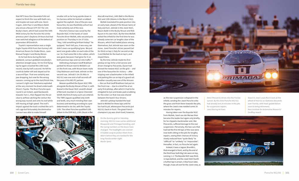 Open book spread with dense text and two photos of white race cars