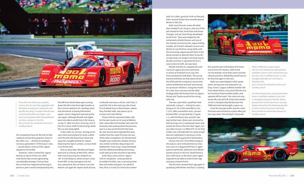 Open racing book page with red race car photo and multi-paragraph text columns