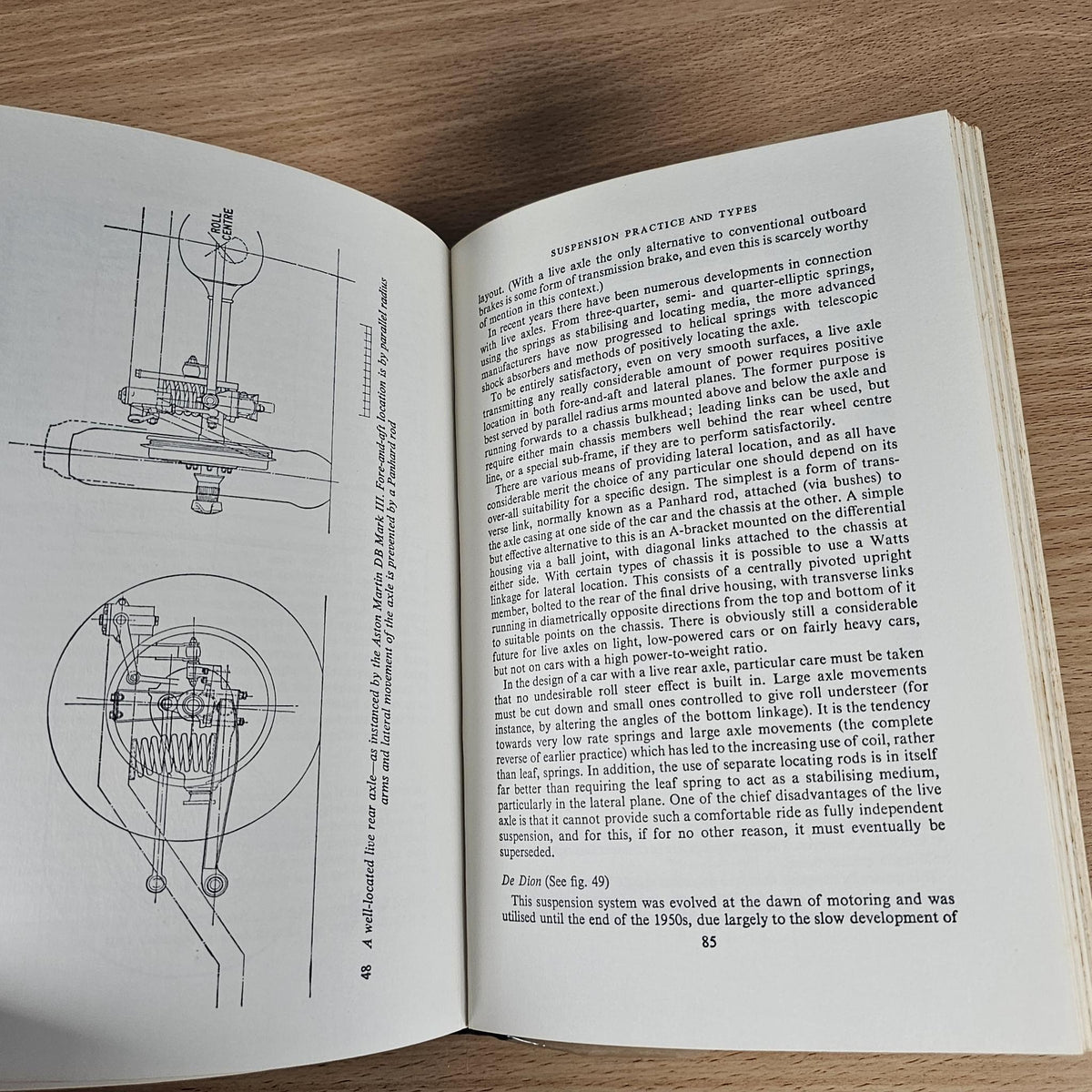 Open hardcover book featuring suspension diagram sketches with captions