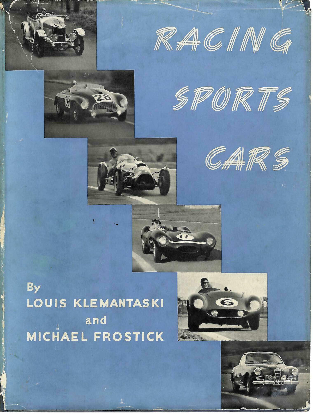Vintage hardcover racing sports cars book with blue cover and black-and-white car photos