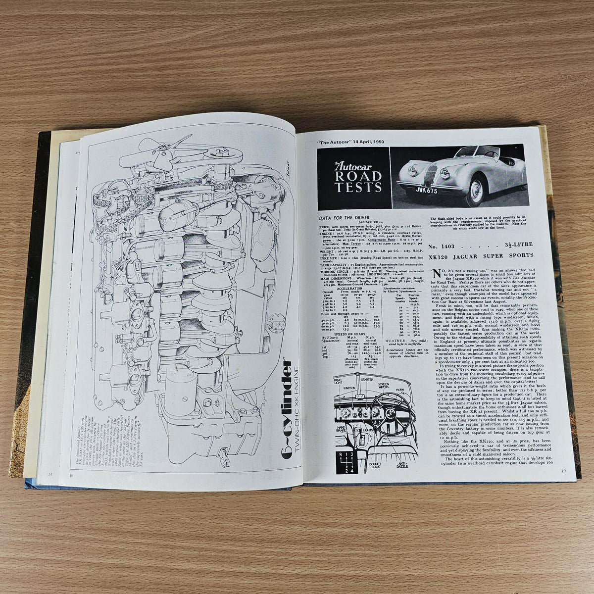 Open Jaguar Sports book spread with technical drawings and road test information text