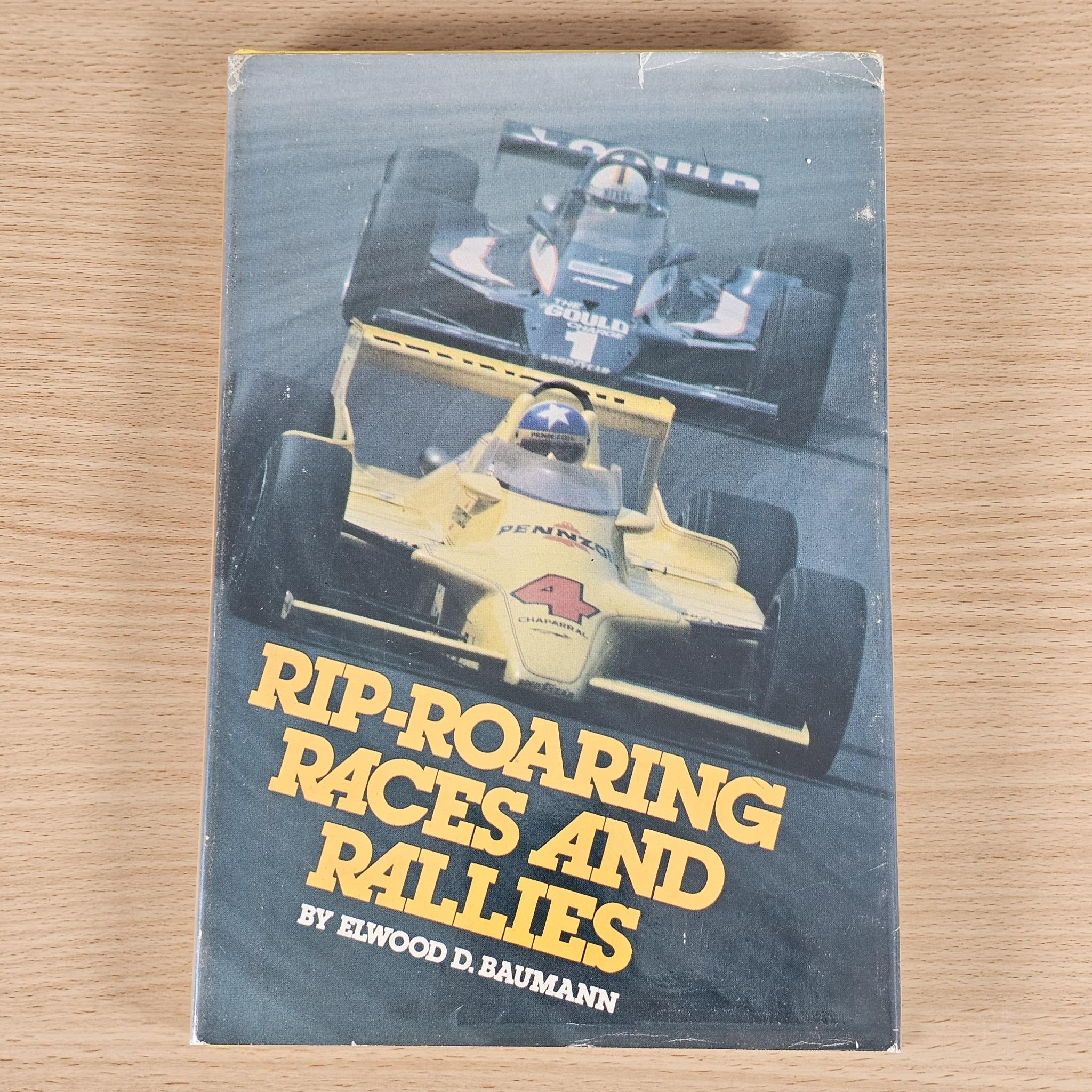 Book cover front with two race cars and bold yellow “RIP-ROARING RACES AND RALLIES”