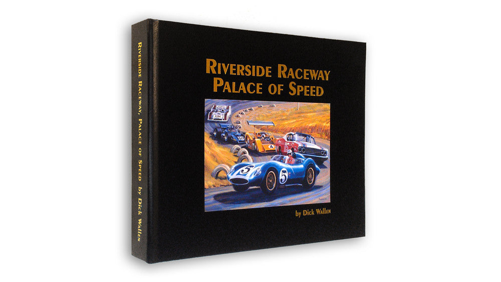 Black racing book with color car cover, title "Riverside Raceway Palace of Speed".