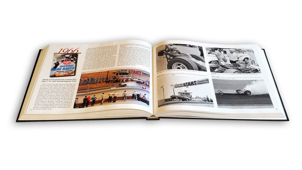 Opened racing book with event photo spread and black-and-white car images across pages.