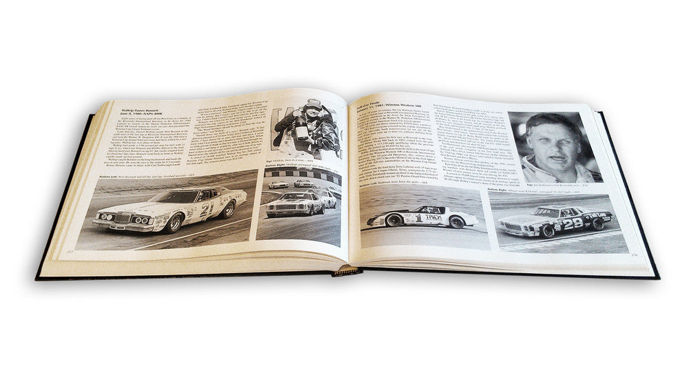 Opened racing book showing vintage car photos and printed text on both pages.