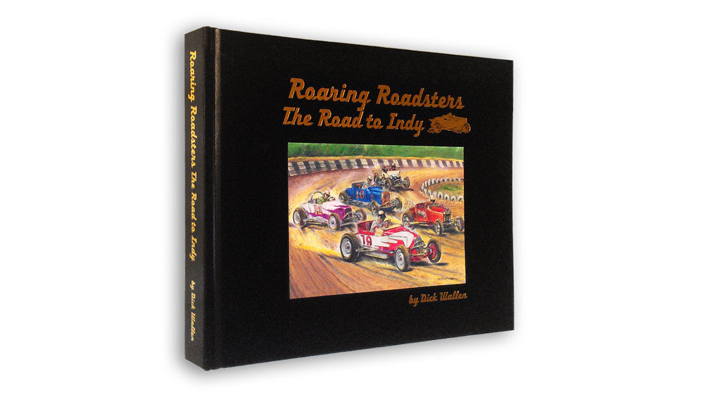Roaring Roadsters book with black cover and colorful Indy car race illustration