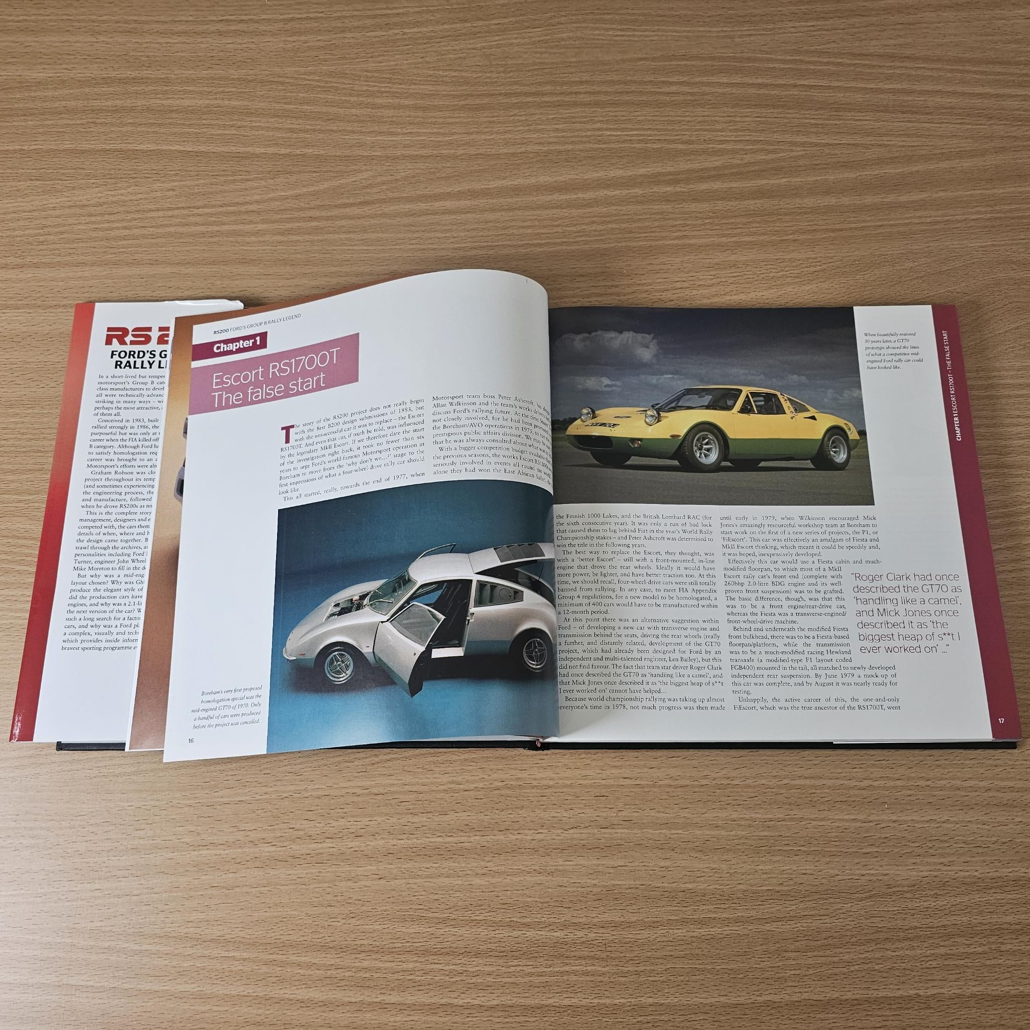 Open rally book with car photo spread and surrounding paragraph text on white pages.