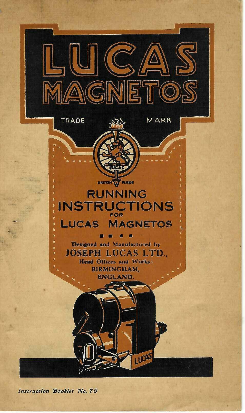 Vintage instruction booklet cover for Lucas Magnetos running instructions, Joseph Lucas Ltd.