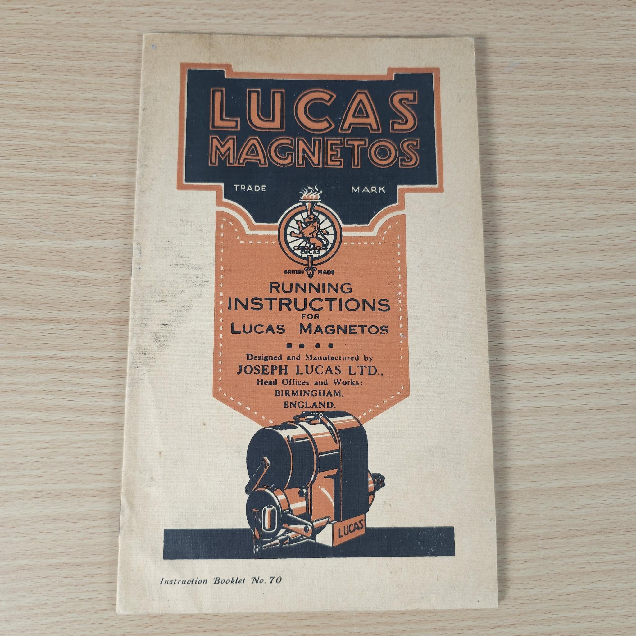 Lucas Magnetos running instructions instruction booklet, Joseph Lucas Ltd., laid flat front cover.