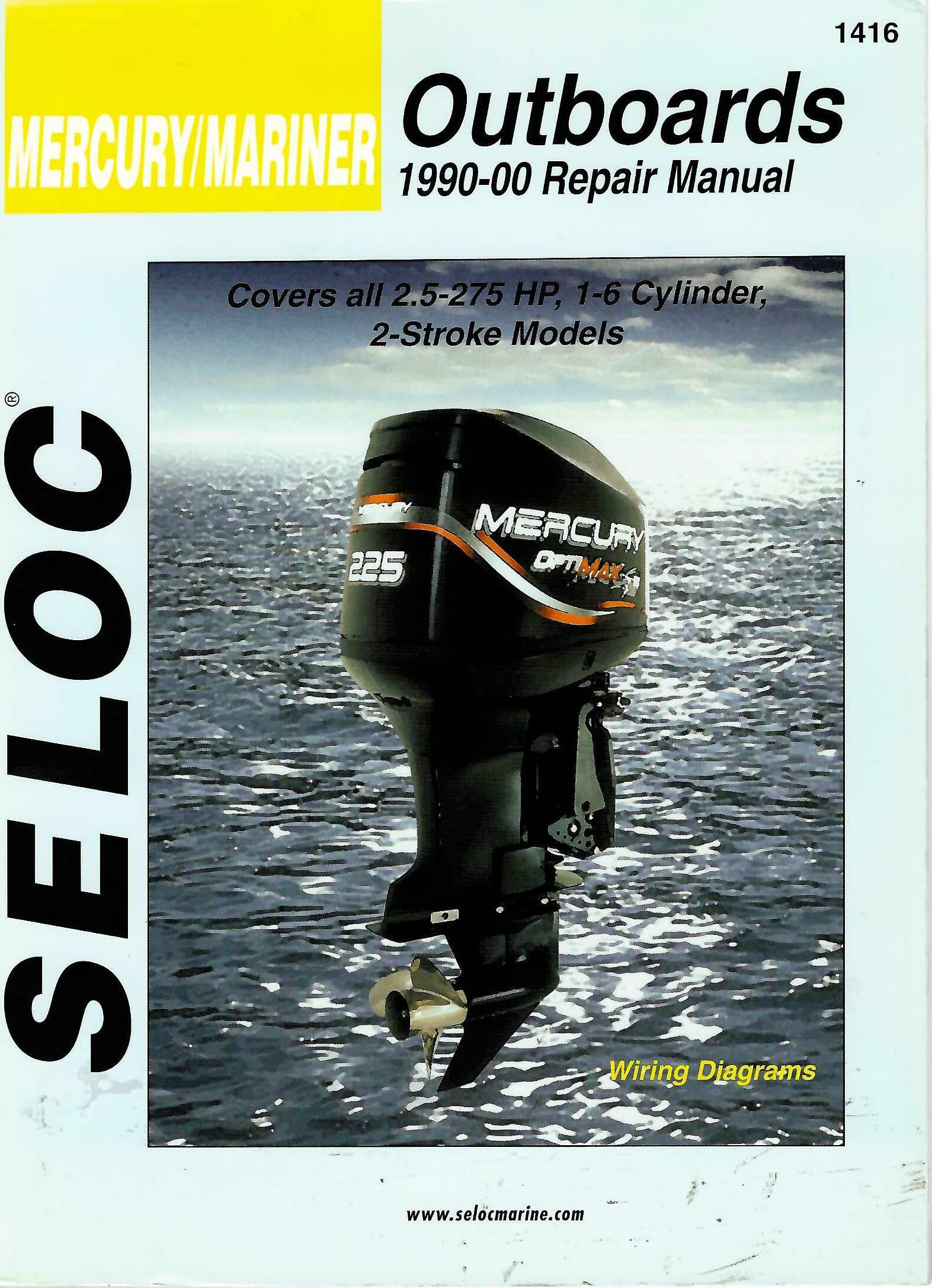 Outboard repair manual for Mercury/Mariner engines, 1990–00, covers 2.5–275 HP.