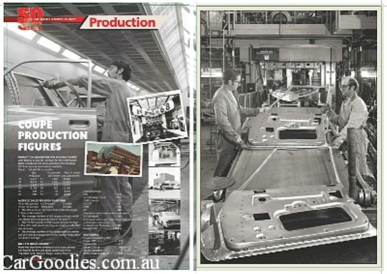 Magazine spread with production line photo and text block labeled “Production”