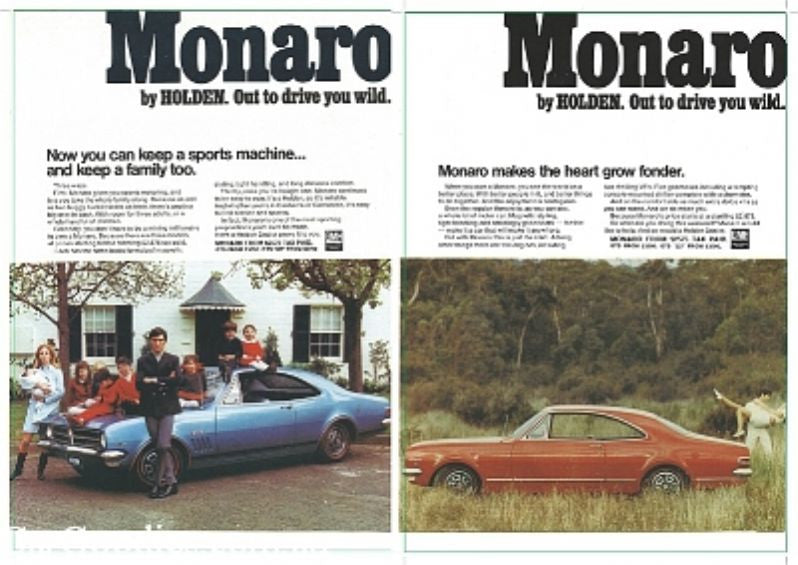 Open magazine pages with Monaro headers and color photos of cars in outdoor settings
