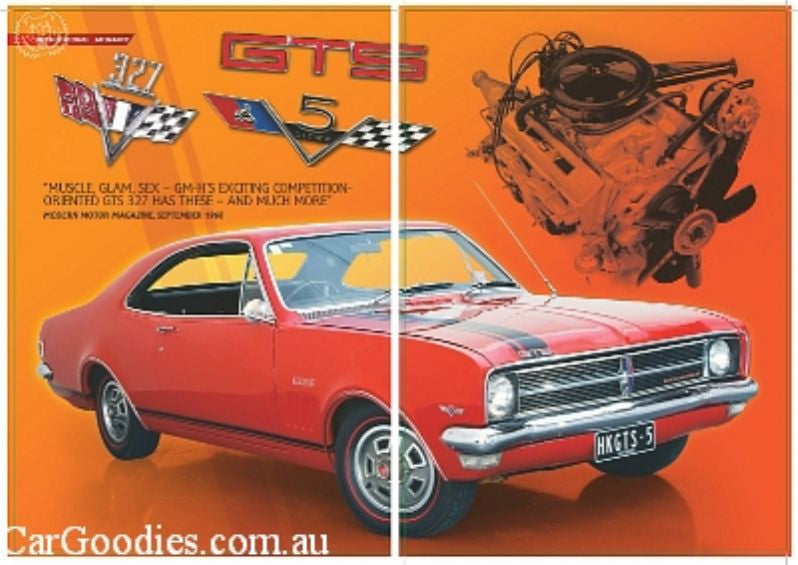 Magazine spread with red coupe front view, engine illustration, and orange sports car page