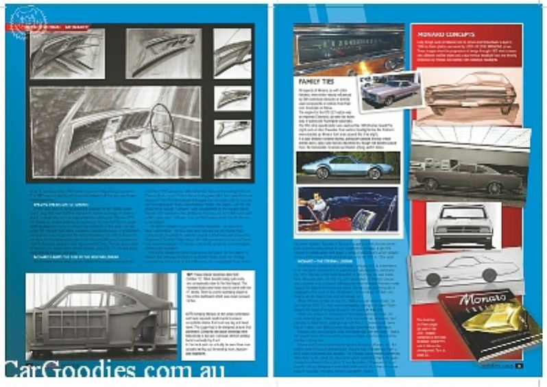 Blue magazine spread with technical drawings, kit photos, and Monaro-themed page layout