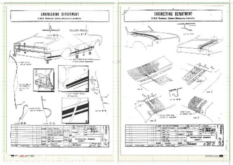 Two-page magazine spread with black-and-white Monaro blueprint diagrams and measurements