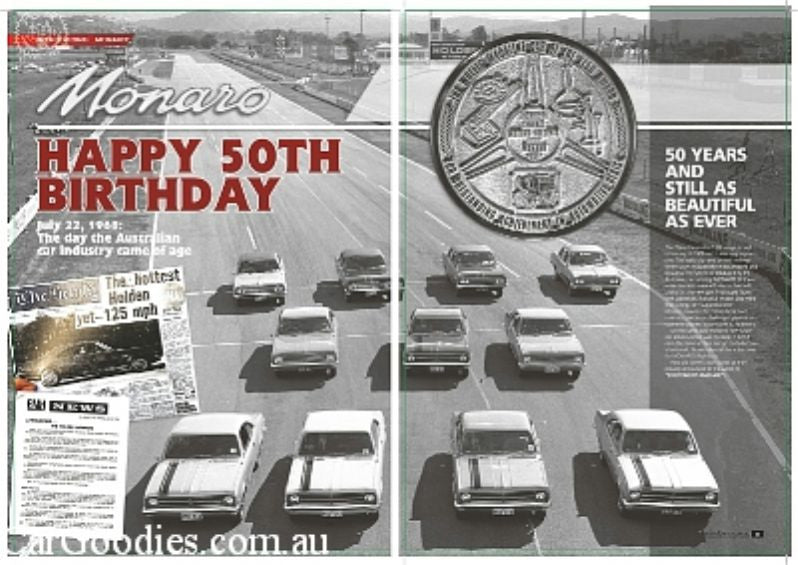Two-page anniversary magazine spread with coin graphic and lineup photos of cars