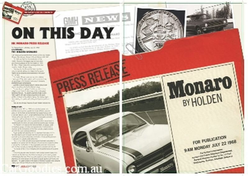 Magazine spread with “GMH NEW” article, red “PRESS RELEASE” sheet, and Monaro cover