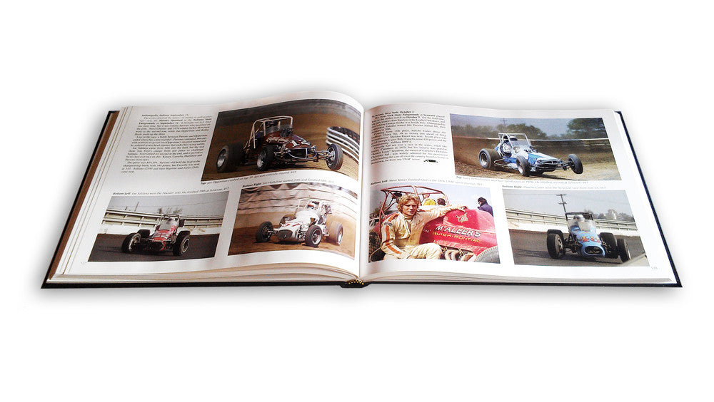 Open racing book spread with car photos and text blocks