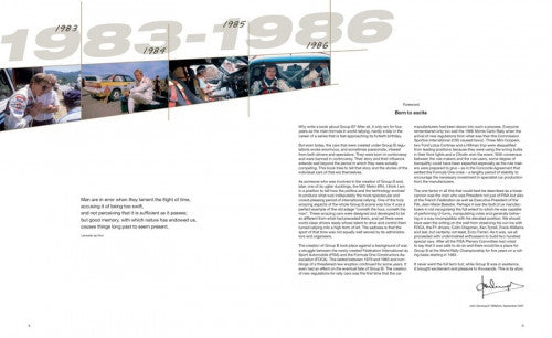 Rallying book open spread with timeline header and dense text on white pages