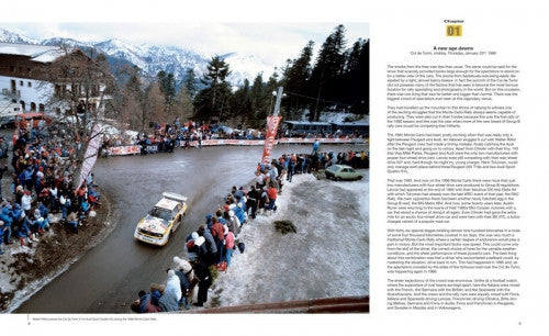 Rallying book open spread with crowd-lined mountain road and rally car