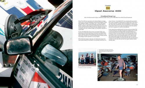 Rallying book spread with side mirror and dashboard close-up of a race car