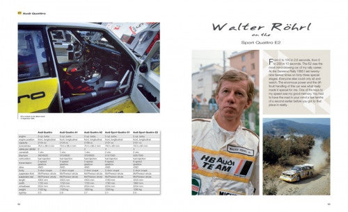 Rallying book open spread with car interior photo and driver portrait