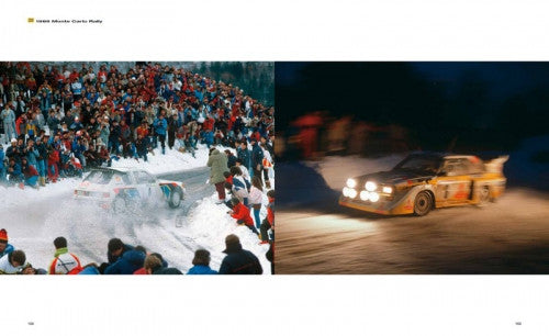 Rallying book open spread with snowy crowd scene and night rally car