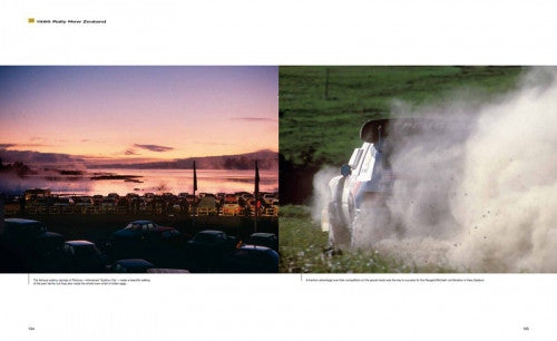 Rallying book open spread with sunset crowd photo and smoky rally car