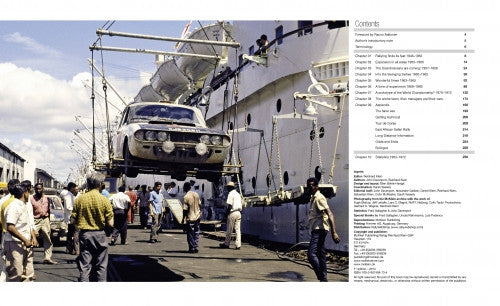 Classic rally car on a loading platform shown on a book page with a contents list