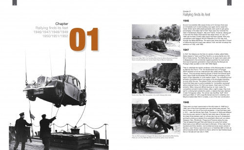 Vintage rally scenes page with a large “01” chapter marker and car action photos